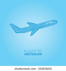 Plane illustration with names of world cities on the board. Main inscription "Flight to Amsterdam".