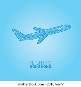 Plane illustration with names of world cities on the board. Main inscription "Flight to Hong Kong".
