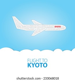 Plane illustration with names of world cities on the board. Main inscription "Flight to Kyoto".