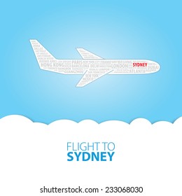 Plane illustration with names of world cities on the board. Main inscription "Flight to Sydney".