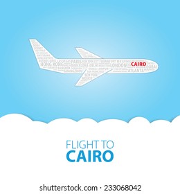 Plane illustration with names of world cities on the board. Main inscription "Flight to Cairo".
