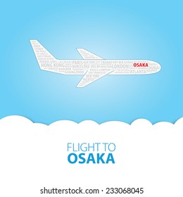Plane illustration with names of world cities on the board. Main inscription "Flight to Osaka".