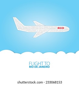 Plane illustration with names of world cities on the board. Main inscription "Flight to Rio De Janeiro".