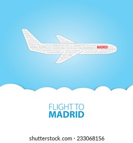 Plane illustration with names of world cities on the board. Main inscription "Flight to Madrid".