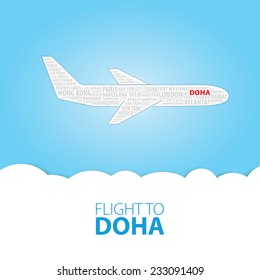 Plane illustration with names of world cities on the board. Main inscription "Flight to Doha".