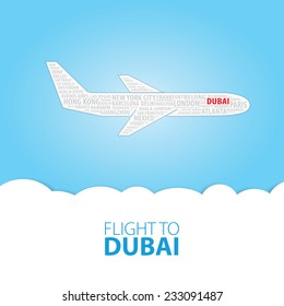 Plane illustration with names of world cities on the board. Main inscription "Flight to Dubai".