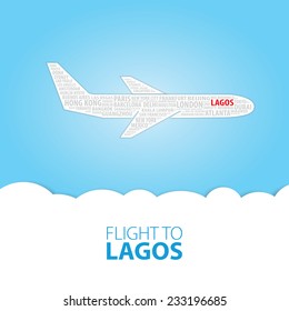 Plane illustration with names of world cities on the board. Main inscription "Flight to Lagos".