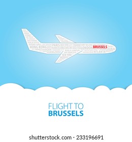 Plane illustration with names of world cities on the board. Main inscription "Flight to Brussels".