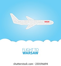 Plane illustration with names of world cities on the board. Main inscription "Flight to Warsaw".