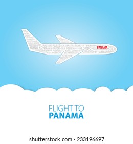 Plane illustration with names of world cities on the board. Main inscription "Flight to Panama".