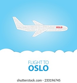 Plane illustration with names of world cities on the board. Main inscription "Flight to Oslo".
