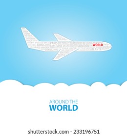 Plane illustration with names of world cities on the board. Main inscription "Around the world".