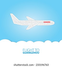 Plane illustration with names of world cities on the board. Main inscription "Flight to Guangzhou".