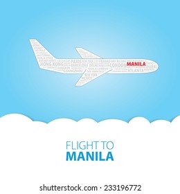Plane illustration with names of world cities on the board. Main inscription "Flight to Manila".