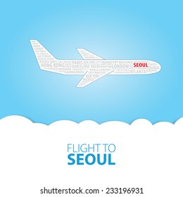 Plane illustration with names of world cities on the board. Main inscription "Flight to Seoul".
