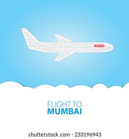 Plane illustration with names of world cities on the board. Main inscription "Flight to Mumbai".