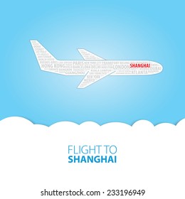Plane illustration with names of world cities on the board. Main inscription "Flight to Shanghai".