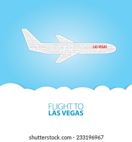 Plane illustration with names of world cities on the board. Main inscription "Flight to Las Vegas".