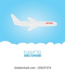 Plane illustration with names of world cities on the board. Main inscription "Flight to Abu Dhabi".