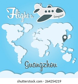 Plane illustration with names of world cities on the board. Main inscription "Flight to Guangzhou".