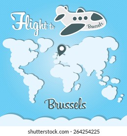 Plane illustration with names of world cities on the board. Main inscription "Flight to Brussels".