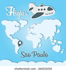 Plane illustration with names of world cities on the board. Main inscription "Flight to Sao Paulo".