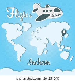 Plane illustration with names of world cities on the board. Main inscription "Flight to Incheon".