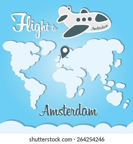 Plane illustration with names of world cities on the board. Main inscription "Flight to Amsterdam".