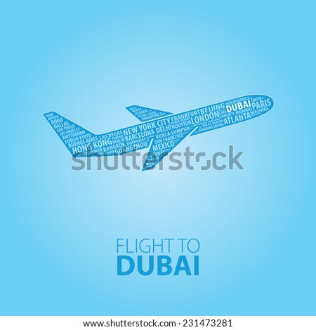 Plane illustration with names of world cities on the board. Main inscription "Flight to Dubai".