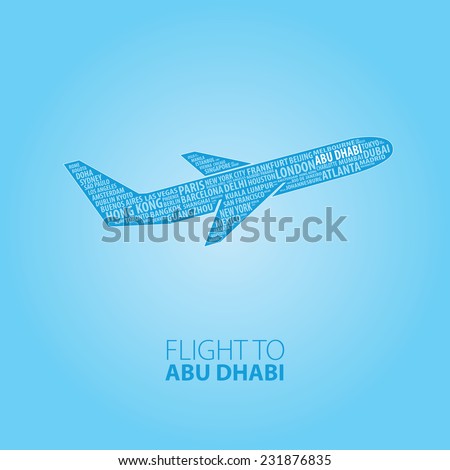 Plane illustration with names of world cities on the board. Main inscription "Flight to Abu Dhabi".