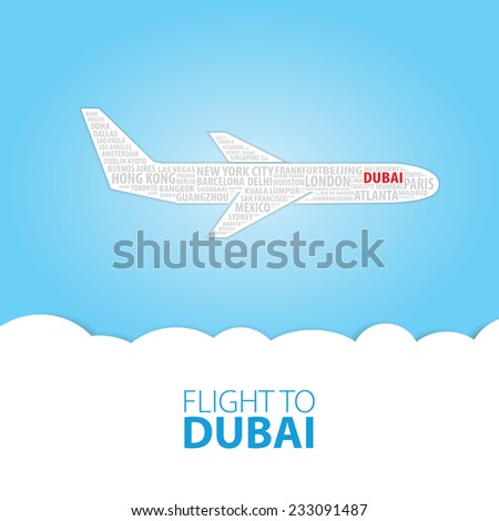 Plane illustration with names of world cities on the board. Main inscription "Flight to Dubai".