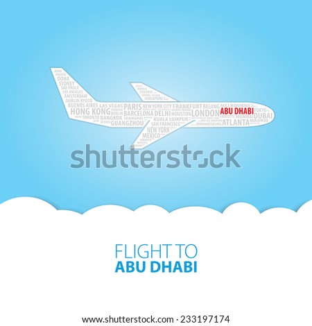 Plane illustration with names of world cities on the board. Main inscription "Flight to Abu Dhabi".