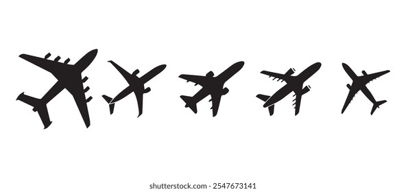 Coleção de sinais de ilustração de plano. Símbolo, logotipo, avião. Ícone Preto do Avião. Arquivo vetorial Eps 10
