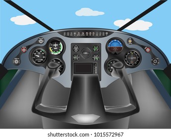 Plane instrument airplane dashboard with steering wheel control illustration with cloudy blue sky