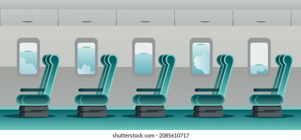 Interior de avión con asientos gratuitos. Fila de silla vacía. Viaje en avión. Viajes durante el brote de la enfermedad de coronavirus COVID-19