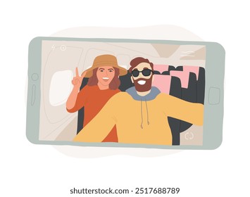 En el plano Ilustraciones vectoriales de dibujos animados aislados. Pareja feliz tomando selfie en el avión antes de la salida, preparándose para las vacaciones, estilo de vida de la gente, dibujos animados de Vector de tiempo de viaje.