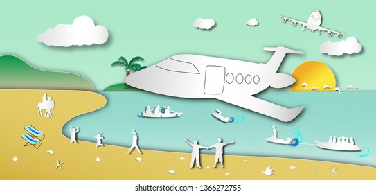 The plane is landing to the beach with sea view and boatman outdoor background of paper art style, vector or illustration with travel concept