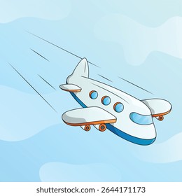 Plane landing with blue sky background. 3D cartoon airplane illustration. Passenger and cargo air transport.