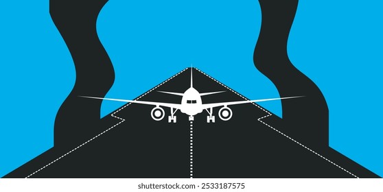 plane in landing field illustration theme with backside blue background, plane illustration with useful design template  