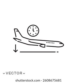 plane landing icon, aircraft arrival time concept, thin line symbol isolated on white background, editable stroke eps 10 vector illustration