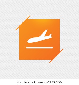 Plane landing icon. Airplane transport symbol. Orange square label on pattern. Vector