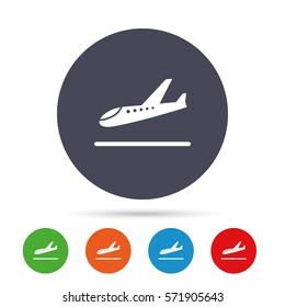 Plane landing icon. Airplane transport symbol. Round colourful buttons with flat icons. Vector