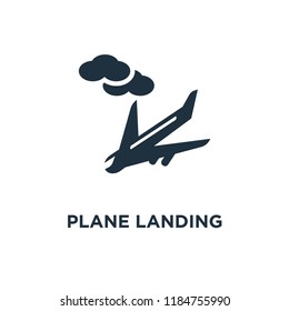 Plane Landing icon. Black filled vector illustration. Plane Landing symbol on white background. Can be used in web and mobile.