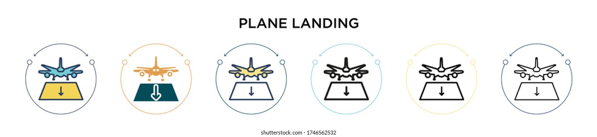 Plane landing icon in filled, thin line, outline and stroke style. Vector illustration of two colored and black plane landing vector icons designs can be used for mobile, ui, web