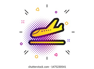 Plane landing icon. Halftone dots pattern. Airplane transport symbol. Classic flat airplane icon. Vector