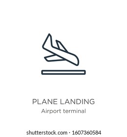 Plane landing icon. Thin linear plane landing outline icon isolated on white background from airport terminal collection. Line vector sign, symbol for web and mobile