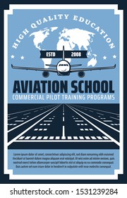 Plane landing on runway of airport vector design. Airplane with world map on background retro poster of aviation school and commercial pilot training, education theme