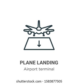 Plane landing outline vector icon. Thin line black plane landing icon, flat vector simple element illustration from editable airport terminal concept isolated on white background