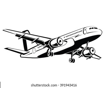 Plane is landing and take-off, the gear. Travel and transportation. Plane icon in monochrome style. Airlines. Airplane flying in the sky. Airplanes silhouettes high detailed. Business travel.