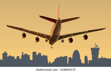 Das Flugzeug landet am Abendflughafen. Vektorgrafik.